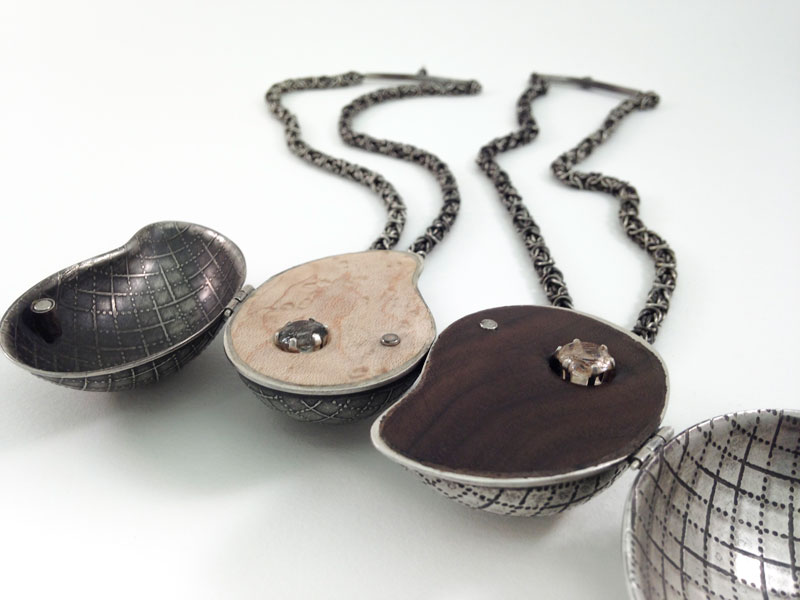Yin_Yang 1, 2014, necklace, silver, wood, tourmalinated quartz, rutilated quartz, magnets, 1.5 x 2.5 x 1.5 in, photo: artist