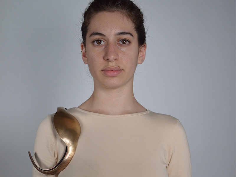 Contour 4, 2019, shoulder piece, bronze, copper, 4 x 3 x 8 inches, photo: Jordan McCabe