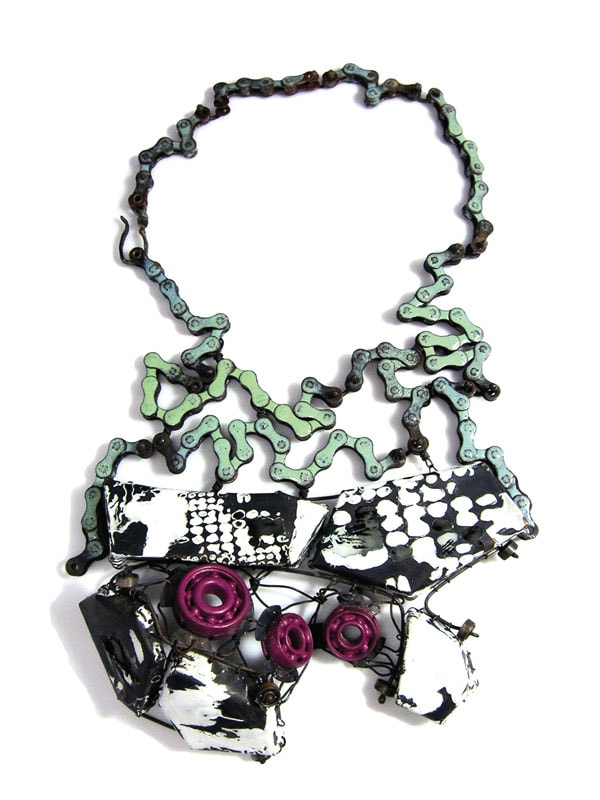 RECycled, 2014, necklace, bike chain, copper, ball bearings, paint, enamel, liver of sulfur, 13.5 x 8.5 x 1 inches, photo: Tina Maliga