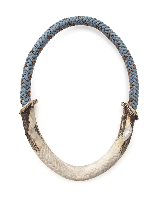 Braided Antler Neckpiece, 2014, necklace, mule deer antler, nylon paracord, silver, 14 x 8 x 1 inches