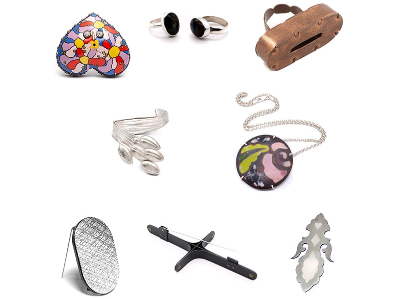 Collage of samples from fall cWork by Aurélie Guillaume, Adam Atkinson, Elliot Keeley, Katja Toporski, Bryan Parnham, and Molly Shulman Elliot Keeley, image courtesy of the Baltimore Jewelry Center