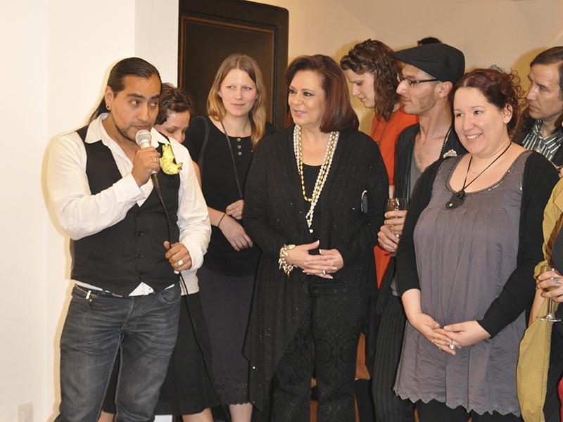 (Left to right, front row) Jorge Manilla; Emilia Cohen, from Galería Emilia Cohen; Valeria Vallart Siemelink; (back row shows artists of Walking the Gray Area) unknown; Kajsa Lindberg; Hanna Hedman; Ricardo Pulgar, of WALKA Chilean Craftmakers; and Andres Fonseca, at the exhibition opening for Walking the Gray Area, at Galería Emilia Cohen, Mexico City