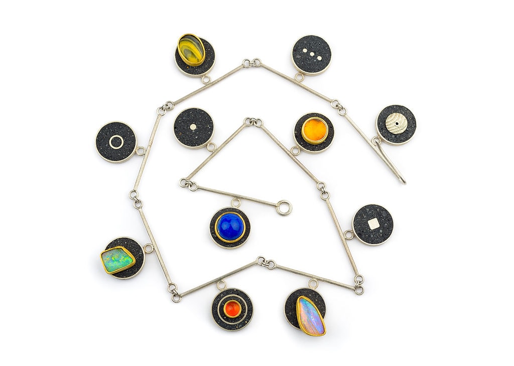 Linda Perry, Opals and Concrete II, necklace, opals, jasper, amber, lapis lazuli, concrete, silver, 22-karat gold, photo courtesy of the artist
