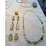 Julia’s art jewelry is primarily in painted wood shaped in a variety of forms. | Work by Julia Turner, photo: Bill Baker
