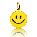 JCK noticed the recent trend in smiling jewelry, including this smile charm that builds on smiley trends from decades past. Their reporter wrote, “maybe the smiley just evolves to give us what we need at the time.” Reference: Brittany Siminitz, You’ll Get a Smiley Face from Seeing This Jewelry, JCK, September 22, 2021, www.jckonline.com/editorial-article/smiley-face-jewelry/. | ArtSugar x Stephanie Gottlieb, Smile Charm, 2021, 14-karat yellow gold charm, pink glitter enamel or yellow enamel with sparkly black diamond eyes, photo: ArtSugar