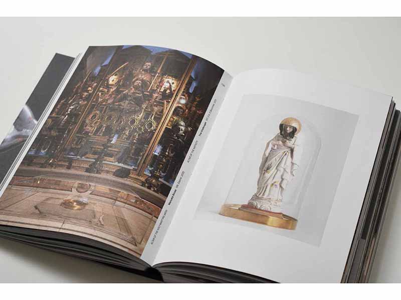 Spread showing (left) Manuela Sousa’s Espiral object in front of the Altar of the Holy Martyrs and (right) Tine Vindevogel’s It Is, It Becomes statuette