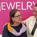 (Left to right) Bryna Pomp, director of MAD About Jewelry, wears a 3D-printed nylon necklace by artist Eve Balashova. “It’s the biggest piece I’ve ever made,” Balashova says. “I love the material because of the scale you can achieve with it. You can wear a statement piece with ease all day long.” Photo: Jennifer Altmann