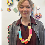 Konstanze Prechtl and her wood and textile necklaces, which are lightweight and colorful. Photo: Jennifer Altmann