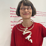 The “Pacific Ocean Necklace,” worn by its maker, Ute Decker, is made of recycled sterling silver. It captures “the movement of the ocean’s waves,” she says. Decker describes her pieces, which often feature corkscrew shapes of twisting gold and silver, as three-dimensional “geometric poetry.” Photo: Jennifer Altmann