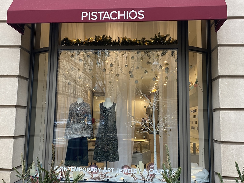 Exterior view of Pistachios Contemporary Art Jewelry, winter window display