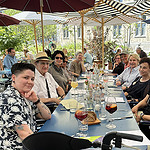 We then relaxed over a delicious lunch. (Left to right) Julia Boyd, Michael Rotenberg, Linda Peshkin, Linda Shostak, Michele Fox, Lynda Slayen, Charlie Hayes, Ann McEldowney, Gail Hufjay, Rose Roven, and Sharon Berman, who hosts the Jewelry Journey podcast