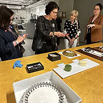 We got to view a selection of jewelry objects in the museum’s reserves. What a treat! Caption: (Left to right) AJF travelers Edie Nadler, Linda Peshkin, and Susan Coddon, and Lindsay Corbett, research assistant in the museum’s reserves