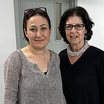 (Left to right) Gayane Avetisyan and AJF traveler Linda Peshkin at the École de Joaillerie de Montréal. Avetisyan was born in Armenia but is now based in Montreal. She creates enamel jewelry made in fine silver, copper, and gold. Peshkin is wearing a necklace that is some of Avetistan’s newer work. It uses chiffon fabric transformed with shibori technique.