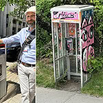 (Left) Sébastien, the guide for the Old Montreal city walking tour that kicked off the trip, leans against an art-covered mailbox. (Right) An art-covered phone booth … Quoi?! A phone booth in this day and age?