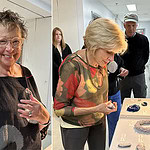 AJF travelers (left) Linda Shostak and (right) Susan Coddon admiring and trying on jewelry at the École de Joaillerie de Montréal.