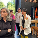 (Left to right) Barbara Waldman taking in all the art jewelry, Barbara Berlin, David Dao, and Danielle Gori-Montanelli … and Zsa Zsa, Ruudt Peters’s Viszla, photo: Bill Baker