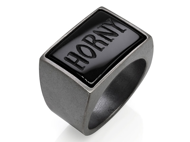 Erica Bello, Horny Signet, 2025, ring in oxidized silver, onyx, size 7, ¾ x ½ inch, photo courtesy of the artist