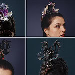 Carina Shoshtary, (top) two sides of the hair comb Hope, 2025, vintage peineta, PLA, vintage elements, seeds of the Japanese anemone, glass, paper, lacquer, 20 x 17.5 x 5.3 cm, (back) photo and editing: Pia Simon @pia_simon-WEB_005, model: Carina Shoshtary, (front) photo: Patrick Gunning @ bufola., model: Livvie May @maylivvie; (bottom) two sides of the hair comb Grief, 2025, antique peineta, PLA with cellulose, paper, coal, moth, silver, glass, ash, lacquer, 24.5 x 15.5 x 5.5 cm, (back) photo and editing: Pia Simon @pia_simon-WEB_008, model: Carina Shoshtary, (front) photo: Patrick Gunning @ bufola, model: Livvie May @maylivvie