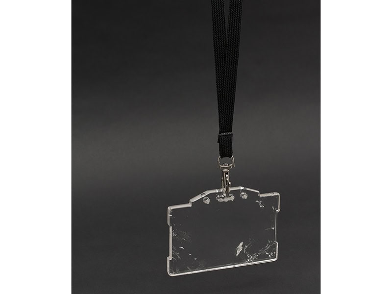 Lin Cheung, ID, 2019, pendant in rock crystal, nylon lanyard, 3 ⅝ x 2 ⅝ x ¼ inches (93 x 67 x 6 mm), photo: artist