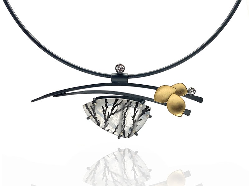 Judith Neugebauer, Undersea Forest, necklace in oxidized sterling silver, 23-karat gold leaf, white sapphire, tourmalated quartz, approximately 18 inches (457 mm) long, photo: Pistachios