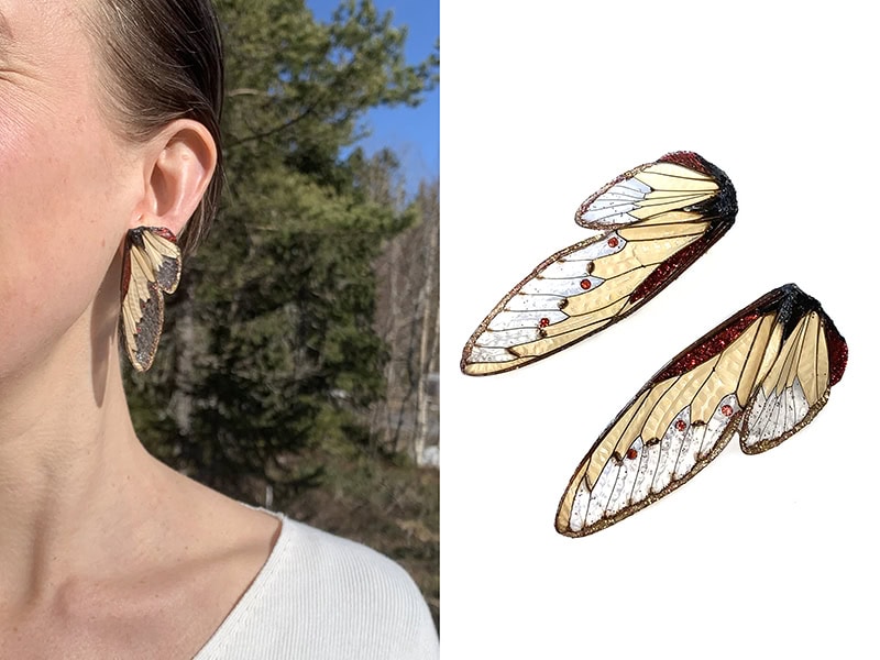 Märta Mattsson, Wings, 2019, earrings in cicadas (using no protected species), resin, pigment, varnish, silver, each 2 ⅜ x ¾ x ⅝ inches (60 x 20 x 15 mm), photo: Four