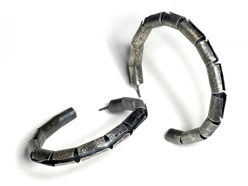 Biba Schutz, Open Tube Hoop Earrings, in oxidized sterling silver, 2 inches (51 mm), photo courtesy of Gravers Lane Gallery