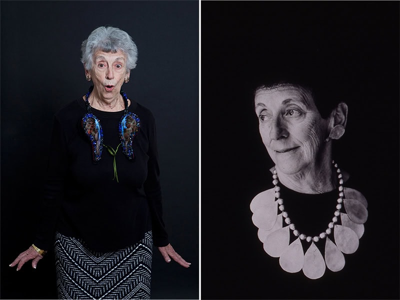 (Left) Lois Boardman wearing I Earned My Wings (necklace), 2013, Afke Golsteijn, parakeet wings and textile, photo: Miriam Künzli for Art Aurea, 2015, (right) Lois Boardman wearing a silver necklace by Breon O’Casey in honor of the artist’s 70th birthday, photo: Andrea Baldeck, 1998, courtesy Helen Drutt
