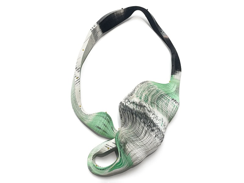 Janna Syvänoja, Greenpowerplant 4, 2023, necklace in recycled paper, nylon, 2023, 14 ½ x 4 ¾ x 2 ⅜ inches (370 x 120 x 60 mm), photo: Sofia Bjorkman