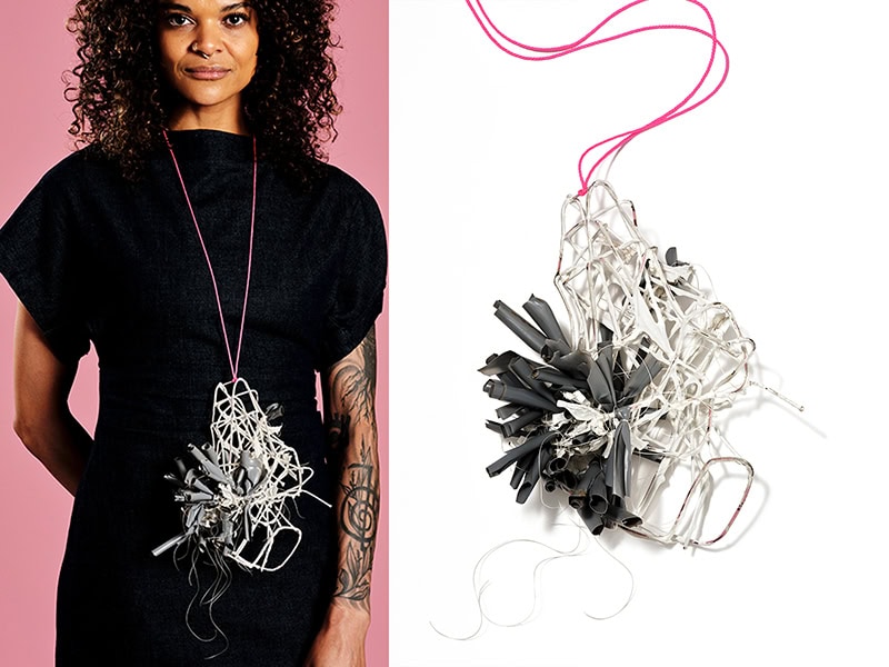 Maria Phillips, Landfill Mineral 2, 2025, neckpiece in steel, paint, rubber, thread, paracord, 30 x 8 x 3 inches (762 x 203 x 76 mm), photo: Hank Drew