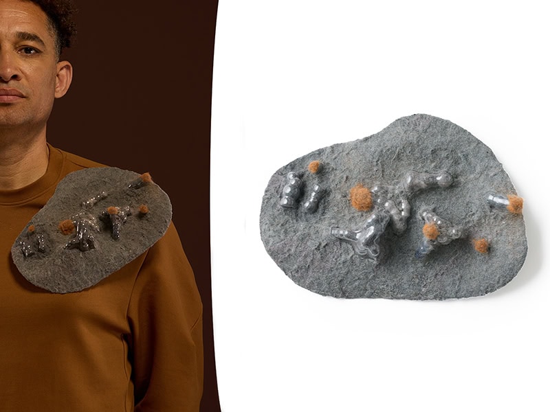 Seth Papac, Chrysotile, 2025, brooch in dryer lint, plastic, sterling silver, stainless steel, photo: Rob Chron