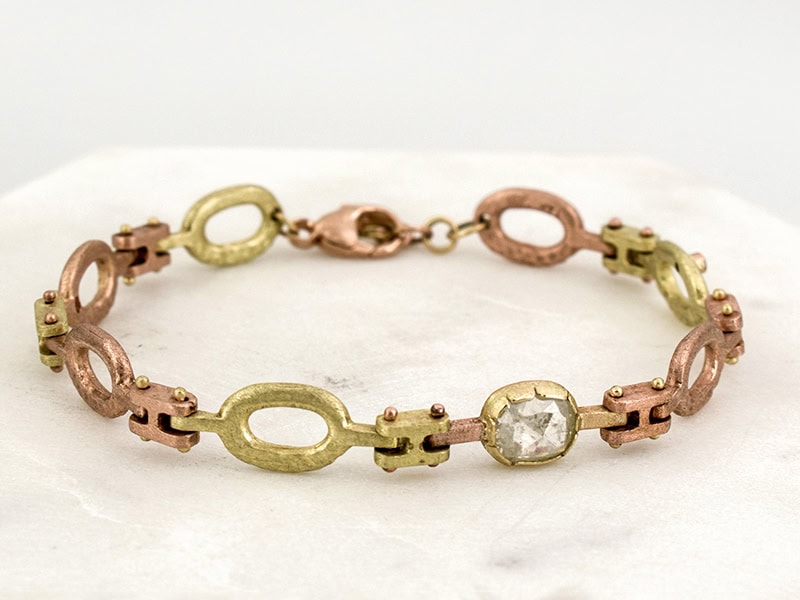 Janine Decresenzo, Textured Link Bracelet with Mixed Gold Links, in white rose cut diamond, two white diamonds (1.15 carat), 18-karat gold, 14-karat gold, photo courtesy of Gravers Lane Gallery