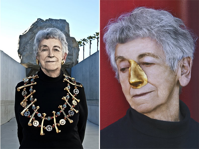 (Left) Lois Boardman wearing Gilding the Past (necklace), 2001 by Nancy Worden, gold-plated copper and coin silver, bone, coral, turquoise, brass, cotton, photo: Wayne Shimabukuro, 2015 © Michael Heizer (cropped from the original), (right) Lois Boardman wearing Die Goldene Nase (Nosepiece), 1988, by Gerd Rothmann, photo: Museum Associates/LACMA © Gerd Rothmann