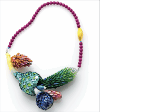 Eunseok Han, Secret Garden, neckpiece in recycled aluminum cans, turquoise, silver, agate, mother-of-pearl, photo drawn from Mobilia Gallery newsletter