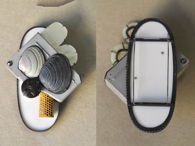 Christel van der Laan, Remida Revival, 2019, brooch in recycled plastics, seashells, mother-of-pearl, button, cut steel, oxidized sterling silver, 3 ⅜ x 2 ⅜ x ¾ inches (85 x 60 x 20 mm), photo: Jane Bowden