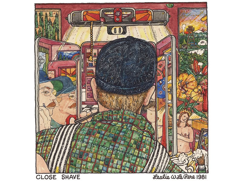 Leslie W. LePere, Close Shave, 1981, ink and watercolor, private collection, image courtesy of the estate of LWL