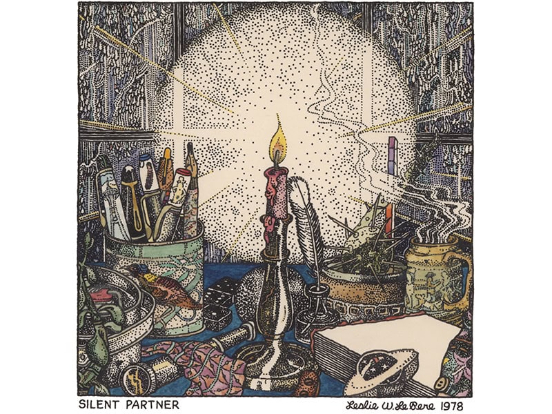 Leslie W. LePere, Silent Partner, 1978, ink and watercolor, 4 x 4 inches (10.2 x 10.2 cm), Private Collection, image courtesy of the estate of LWL. In discussing Silent Partner, Les said, “Recognition in the completion of a piece allows you to see beauty in and around your life. After you produce a piece, if you turn your senses back out into the world around you, you can use the piece that you have made to shed light on life. The learning that occurred during the making of the piece is reflected in elements of your environment and it will make you more aware.”
