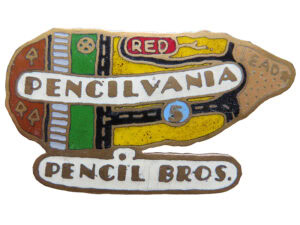 Pencil Brothers, Pencilvania, 1975, pin in champlevė enamel on bronze, private collection, image courtesy of the estate of LWL