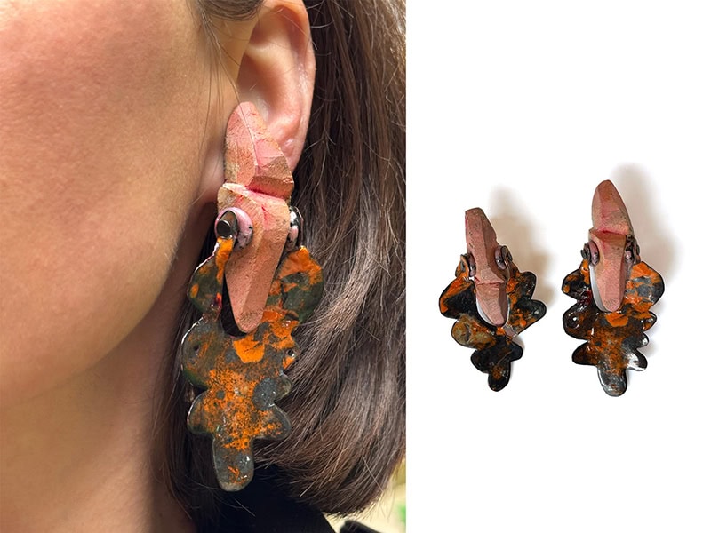 Tatjana Giorgadse, Untitled, 2025, earrings in balsa wood, enamel on copper, silver, approximately 4 x 1 ¾ x ⅝ inches (100 x 45 x 15 mm), photo courtesy of the artist and Galerie Door