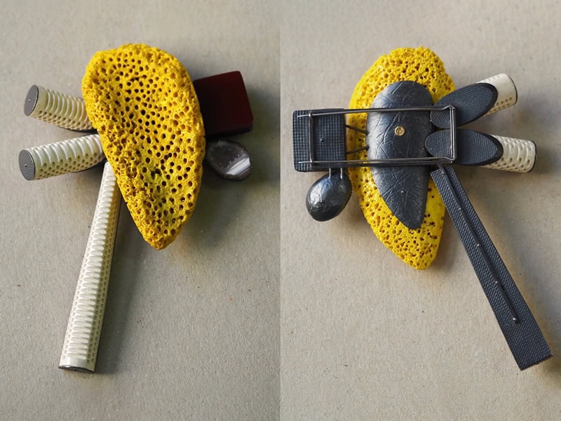 Christel van der Laan, Medley (front and back), 2022, brooch in ceramic honeycomb, coral, agate geode, rubber, oxidized sterling silver, 4 ½ x 3 ⅛ x 1 inches (115 x 80 x 25 mm), photo: Jane Bowden