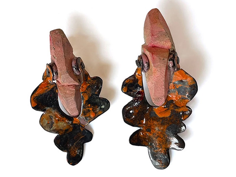 Tatjana Giorgadse, Untitled, 2025, earrings in balsa wood, enamel on copper, silver, approximately 4 x 1 ¾ x ⅝ inches (100 x 45 x 15 mm), photo courtesy of the artist and Galerie Door