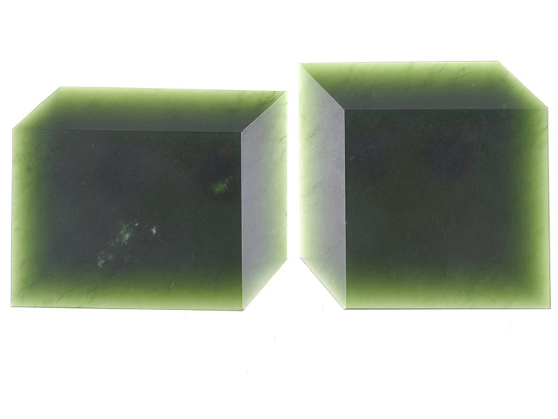 Joe Sheehan, Perspective, 2025, brooch in Māwhera flower Pounamu, (left) 1 ⅞ x 1 ½ x ¼ inches (48 x 39 x 5 mm), (right) 1 ¾ x 1 ¾ x ¼ inches (43 x 44 x 5 mm), photo: Michael Couper