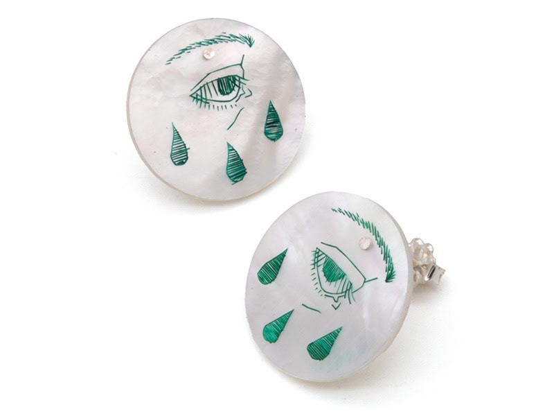 Margo Csipő, Green Tri Eye Drip Studs, 2025, earrings in mother-of-pearl, sterling silver, pigmented ink, ¾ x ¾ inches (20 x 20 mm), photo: J. Diamond