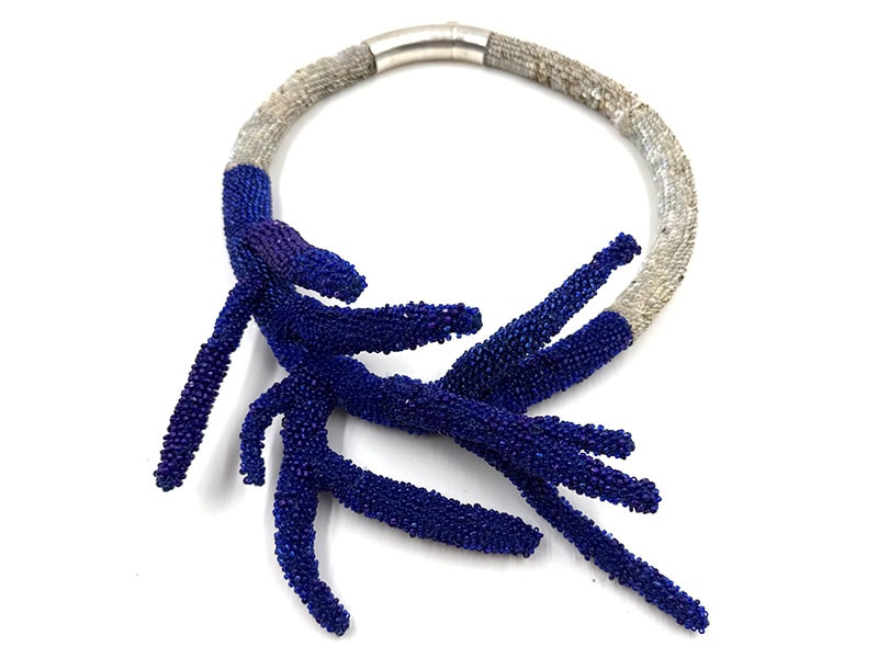 Song Kim, Blue Necklace, 2025, in seed beads, silver, shells, 24 inches (610 mm) long, photo: Ombré Gallery