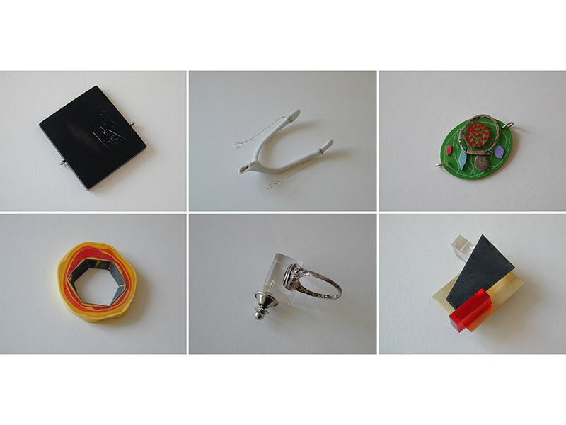 (Left to right, top to bottom), Kadri Mälk, Untitled; Christoph Zellweger, Wishbone - Piece (Good Luck + Take Care); Rámon Puig Cuyàs, Untitled (from the series Walled Gardens); Ruudt Peters, AZOTH; Ted Noten, Ring for in Heaven; Paolo Marcolongo, A Kazimir (To Kazimir), 2004, links from A Chain for Tereza in (respectively) painted cibatool, silver; porcelain, stainless steel; silver, melamine, acrylic, and beach stone; polyester, silver, pigments; silver ring with stone partly cast in PMMA; silver, rock crystal, Murano glass, MA Niello, c. 1 ⅝ x 1 ⅝ x ¼ inches (40 x 40 x 5 mm); c. 4 x 2 ¾ x 1 ⅛ inches (100 x 70 x 30 mm); c. 2 ⅜ x 1 ⅝ x ¼ inches (60 x 40 x 5 mm); c. 2 x 1 ⅝ x ¼ inches (50 x 40 x 5 mm); c. 2 x 1 ⅝ x 1 ⅛ inches (50 x 40 x 30 mm); c. 2 x 1 ⅛ x 1 ⅛ inches (50 x 30 x 27 mm), collection of Tereza Seabra, photos: C.B. Aragão