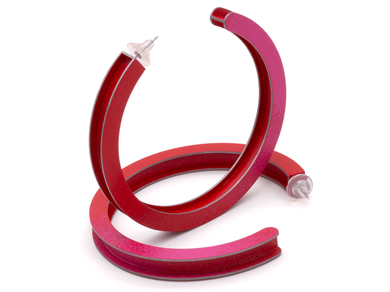 Ben Cooke-Akaiwa, Large I-Beam Hoops, 2025, earrings in mild steel, surgical steel, spray paint, each 3 x 3 x ¼ inches (76 x 76 x 6 mm), photo: J. Diamond