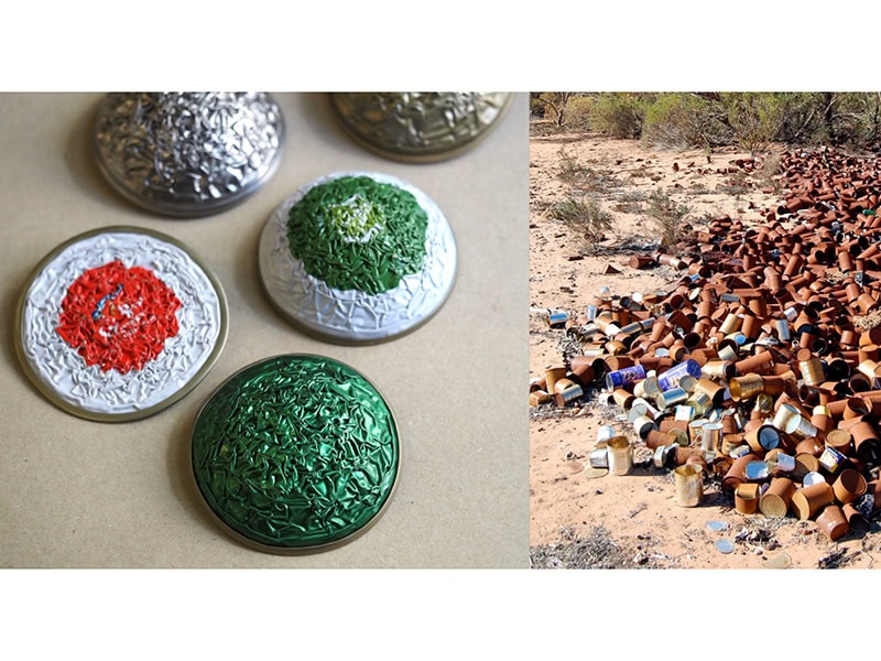 Leonie Westbrook, (bottom) Green Seas, (left) Salmon Pink, (right) Green and White, 2025, brooches in salmon and tuna cans, stainless steel pin, 2 ¾ inches (70 mm) in diameter x ⅛–1 inch (2–25 mm) thick, photos (left) Jane Bowden, (right) Leonie Westbrook