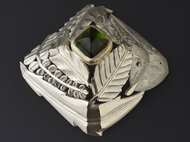 Joel Fitzwell, Flora, from the 35X series, 2025, brooch in sterling silver, tourmaline, 1 ⅜ x 1 ⅜ x ⅞ inches (35 x 35 x 21 mm), photo: Michael Couper
