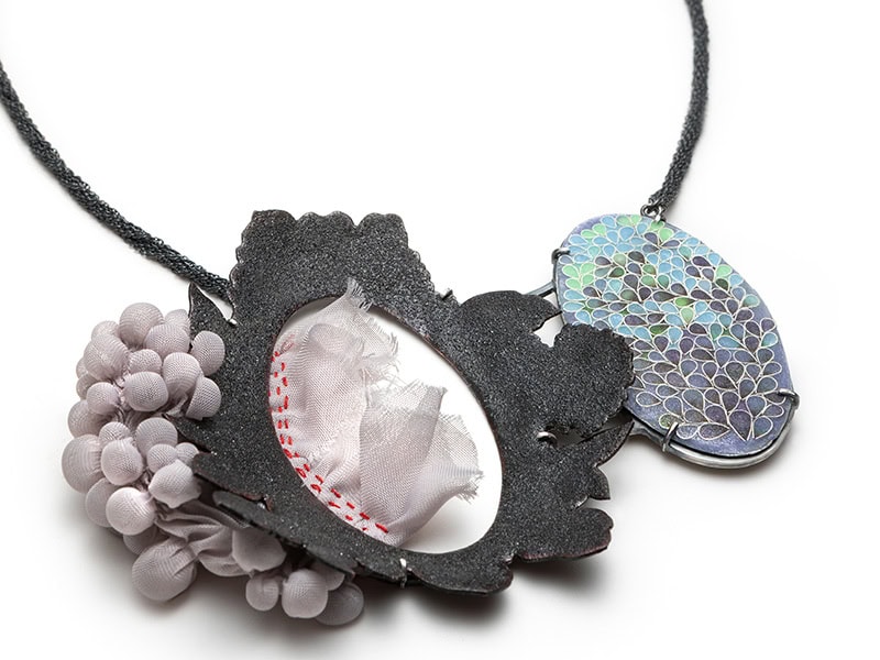 Gayane Avetisyan, The Weight of Things Unsaid, necklace in copper, sterling silver, enamel, chiffon, thread, approximately 34 inches (cm) long, pendant 3 ¾ x 4 ¾ inches (mm), photo: artist