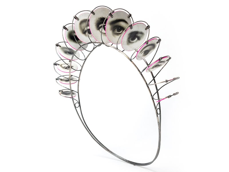 Nanna Obel, Tiara, in sterling silver, fine silver, mirror foil, enamel, photo, acrylic lacquer, 9 ½ x 9 x 2 ¼ inches (241 x 229 x 57 mm), photo: artist