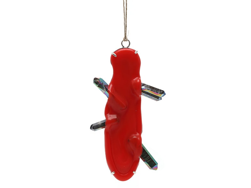 Florian Weichsberger, Halter #3, 2024, pendant in silver, plastic, metalized rock crystal, 2 ½ x 4 ¾ x ⅝ inches (65 x 120 x 15 mm), photo: Mirei Takeuchi